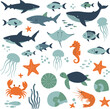© Isha - Flat design vector illustrations, ocean animals with fish, seahorse, turtle, and many more