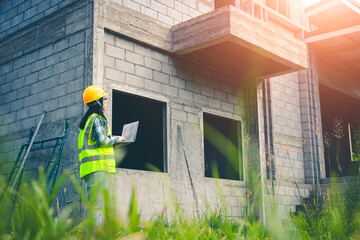 Wall Mural - Architect works with digital construction plan and precise data during home inspection process.