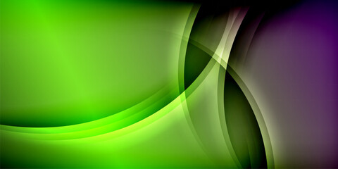 Poster - Abstract design features vibrant green, purple curves. Smooth gradients create dynamic visual effect. Dark background emphasizes bright colors.
