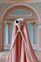 Aufkleber - 360-Degree Panoramic Camera on Tripod Draped with Pink Fabric in Ornate Historic Interior for Virtual Tours and Heritage Preservation Technology