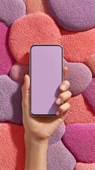 Aufkleber - Modern female hand holding smartphone on textured colorful wall background with interactive digital navigation for immersive virtual tours and mobile marketing