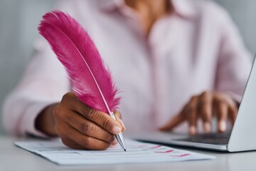 Aufkleber - Modern business professional marking digital checklist with vibrant feather pen on laptop for workflow optimization and project management in corporate setting