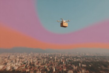 Poster - Drone Delivery Carrying Cardboard Package Over Urban Cityscape at Sunset - Automated Last Mile Logistics and Smart Air Mobility Concept