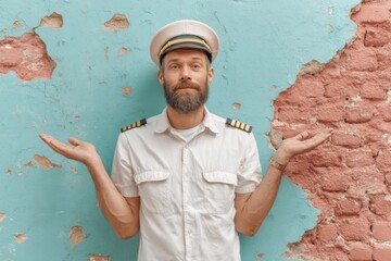 Aufkleber - Confused Pilot with Raised Arms in Uniform Against Vintage Wall Illustrating Navigation Challenges and Decision-Making for Aviation Training