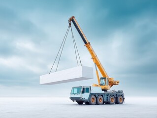 Poster - Mobile Crane Lifting Insulation Roof Panel at Construction Site with Workers Guiding Installation for Modern Sustainable Building Efficiency