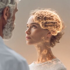 Aufkleber - Futuristic Clinical Genomics Consultation with Holographic Brain Model Highlighting Neural Mapping and Precision Neurological Medicine Technology