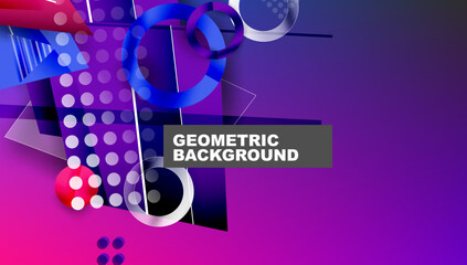 Fototapete - Abstract geometric design. Vibrant purple, blue hues dominate composition. Circles, triangles create dynamic visual effect. Modern aesthetic.