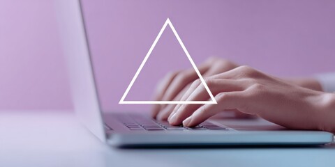 Poster - Minimalistic Tech Workspace with Hands Typing on Laptop and Error Warning Symbol for IT Security and Risk Management Marketing