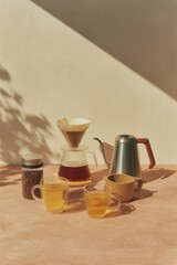 Poster - Minimalist Coffee Brewing Setup with Stainless Steel Kettle, Glass Carafe, and Filtered Coffee on Warm Neutral Textures - Modern Lifestyle and Craftsmanship