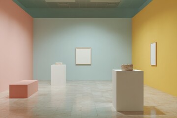 Aufkleber - Modern Minimalist Art Gallery with Abstract Sculptures on White Pedestals in Spacious Colorful Exhibition Space for Cultural Innovation and Creative Expression