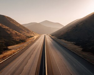 Poster - Rustic highway expressway with golden hour lighting stretching toward horizon, showcasing modern infrastructure, connectivity, and natural warm earth tones in landscape