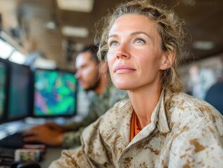 Aufkleber - Homeland Security Military Personnel Analyzing Cyber Warfare Intelligence Data on Multiple Screens in Modern Tactical Command Center