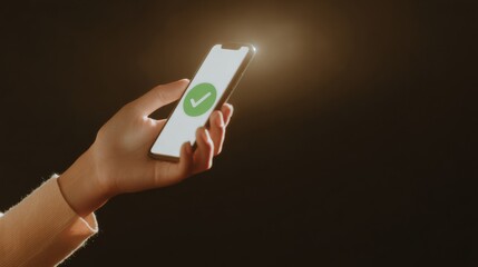 Poster - Modern Mobile Booking Confirmation with Green Checkmark on Smartphone Screen, Symbolizing Successful Digital Verification and User Satisfaction