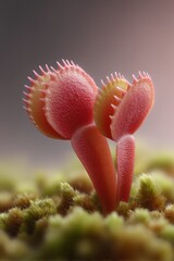 Poster - Close-up of Red Venus Flytrap with Textured Traps and Trigger Hairs on Moss Highlighting Natural Predatory Adaptation and Botanical Innovation