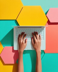 Aufkleber - Digital ESG Investment Strategy Visualization with Hands Typing on Laptop Keyboard over Colorful Hexagonal Sustainability Icons for Green Finance