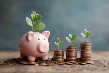 Aufkleber - Sustainable Investment Concept with Piggy Bank and Growing Plants on Coin Stacks Eco-Friendly Financial Growth and Organic Wealth Building
