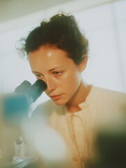 Aufkleber - Focused female citizen scientist examining specimen through advanced microscope in bright laboratory, promoting community research and accessible expertise