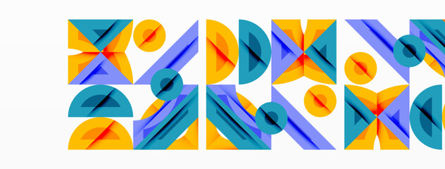 Aufkleber - Abstract geometric shapes repeat, creating vibrant pattern. Blue, orange, teal dominate composition. Minimalist design.