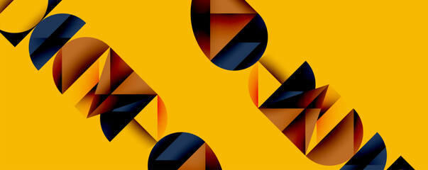 Aufkleber - Abstract geometric shapes overlap, creating dynamic composition. Warm tones dominate bright yellow background. Minimalist design.