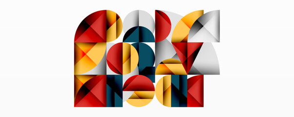 Aufkleber - Abstract geometric composition. Shapes overlap, creating dynamic visual interest. Red, yellow, gray, blue tones dominate design.