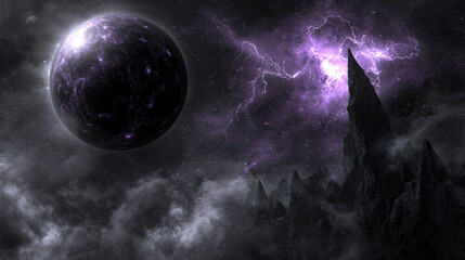 Wall Mural - enigmatic purple planet hovering in the sky surrounded by stars and cosmic elements of space.
