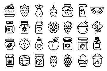 line icons of jam jars fruit strawberry design elements isolated on transparent background
