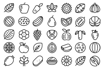 collection of line icons depicting nuts seeds beans and walnuts isolated on transparent background