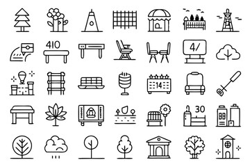 collection of line icons depicting park picnic playground and outdoor activities isolated on transpa
