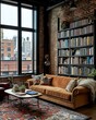 © Nichapa - Brooklyn industrial-meets-books flat with metal-framed windows, hardwood floors, and built-in wall-to-wall bookshelves Urban Literary Loft Aesthetic Industrial Book-Filled Interiors