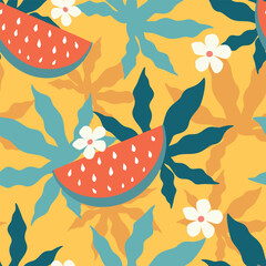 Wall Mural - vector seamless pattern in flat style with watermelons and palm leaves