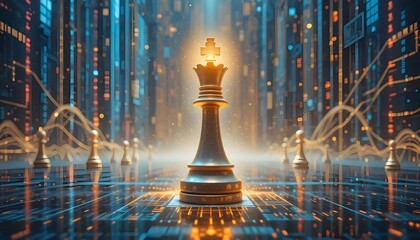 Digital chess game concept with king piece and virtual circuit board
