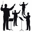 © Dream Hub - Black Silhouettes of Conductors Directing Orchestras with Batons and Music Stands Against White Background