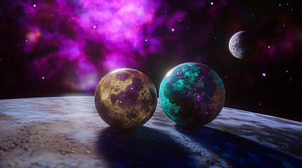 Wall Mural - breathtaking scene of two majestic planets in a vibrant sky filled with celestial wonders.