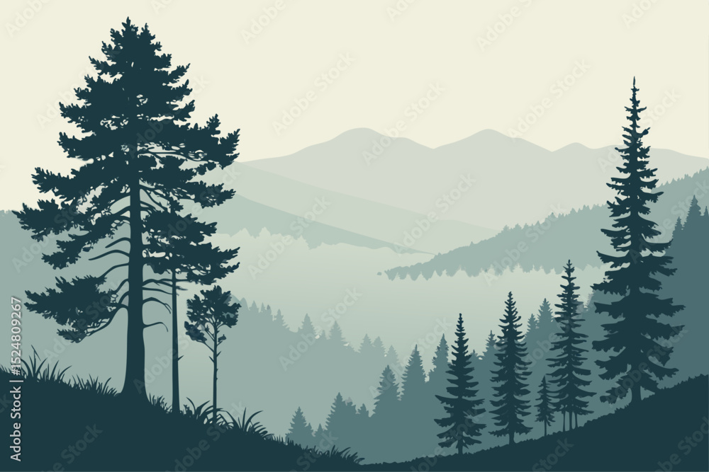 Misty mountain landscape with silhouette pine trees Stock Vector ...