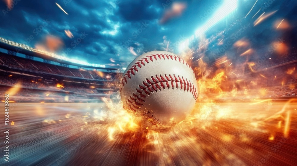 Blazing baseball pitch with intense motion blur in a packed stadium ...