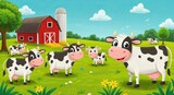 Charming farm scene with happy cows in a lush green pasture
