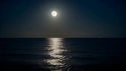 Wall Mural - Ocean View at Night with Full Moon Reflection in the Dark Blue Sky with Stars Calm Serene And Tranquil