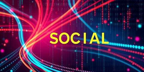 abstract futuristic vector backdrop with binary code overlay and the word social, technology backgro