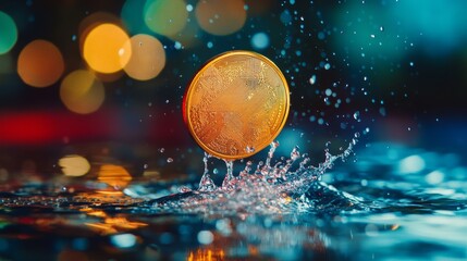 Wall Mural - a mesmerizing splash of color from gold coin impacting water creates vibrant ripples. captivating vi