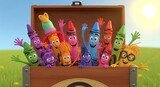 Animated Crayons Waving From a Wooden Chest in a Sunny Field