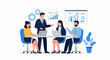 © Purnomo Semlirick - Professional vector illustration of a group of four adults engaged in a business meeting, seated and standing around a white table.
