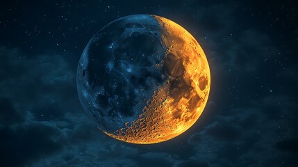 Artistic half lit moon in night sky