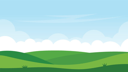 green filed with white cloud and blue sky. landscape cartoon background scene