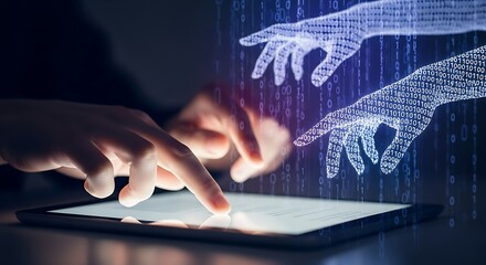 person interacting with digital tablet displaying data stream