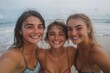 © Kishan - Three radiant friends share a joyous moment on a sun-kissed beach, their faces alight with happiness as they enjoy the ocean's embrace. Capturing the carefree spirit and bond of friendship.