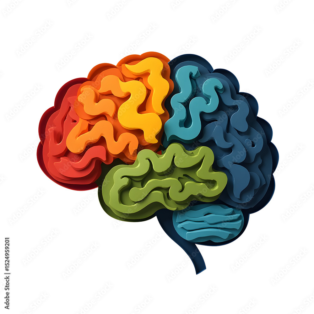 Colorful brain illustration in paper cut style. Brain lobes shown in ...