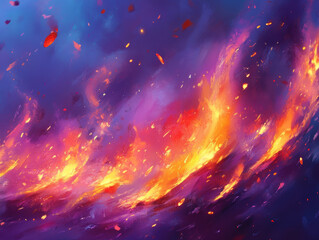 Wall Mural - Abstract fiery explosion with vibrant orange yellow and purple flames swirling in a dynamic cosmic background creating intense energy and fiery motion scene