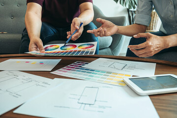 Wall Mural - professional creative team of web/graphic designer planning, drawing website ux app for mobile phone