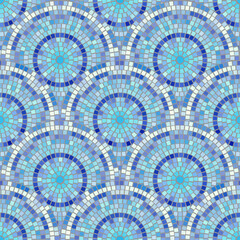 Aufkleber - Blue abstract mosaic seamless pattern. Fragments of a circle laid out from tiles trencadis. Vector tile background.