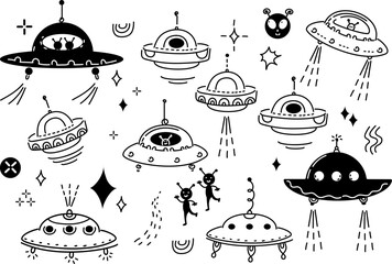 set doodle icon ufo day. line art vector illustration